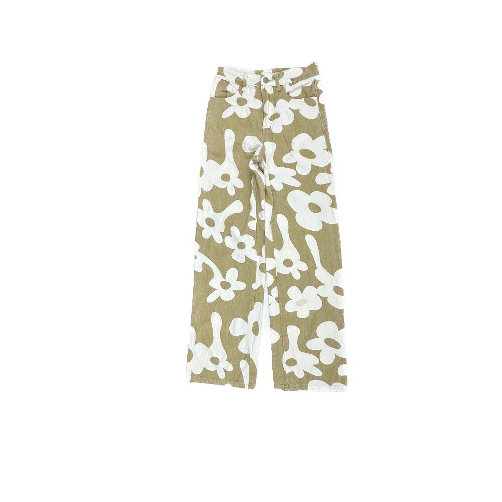 Bailey Rose Baggy Straight Women's size XS Beige White Flowers Denim Jeans